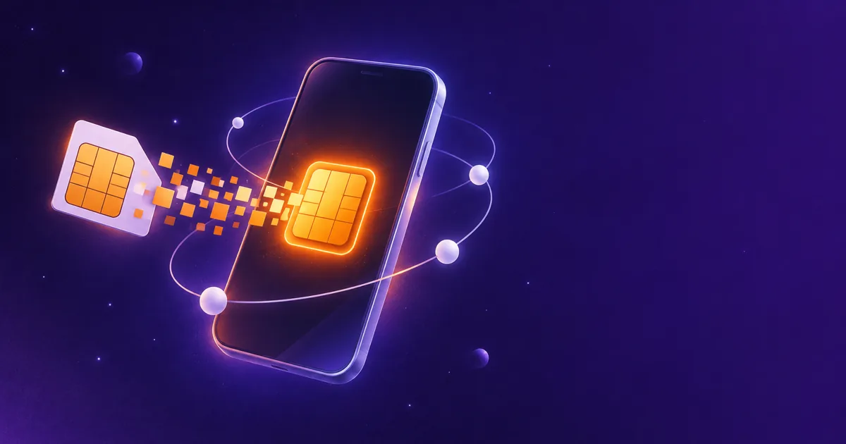 Смартфон со встроенным чипом показывает принцип подключения eSIM вместо пластиковой SIM-карты.