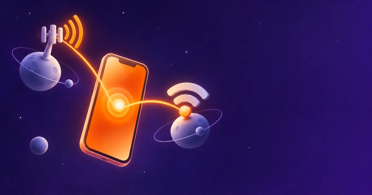 Смартфон, соединённый с сотовой антенной и значком Wi-Fi, иллюстрирует звонки через VoLTE и VoWiFi.